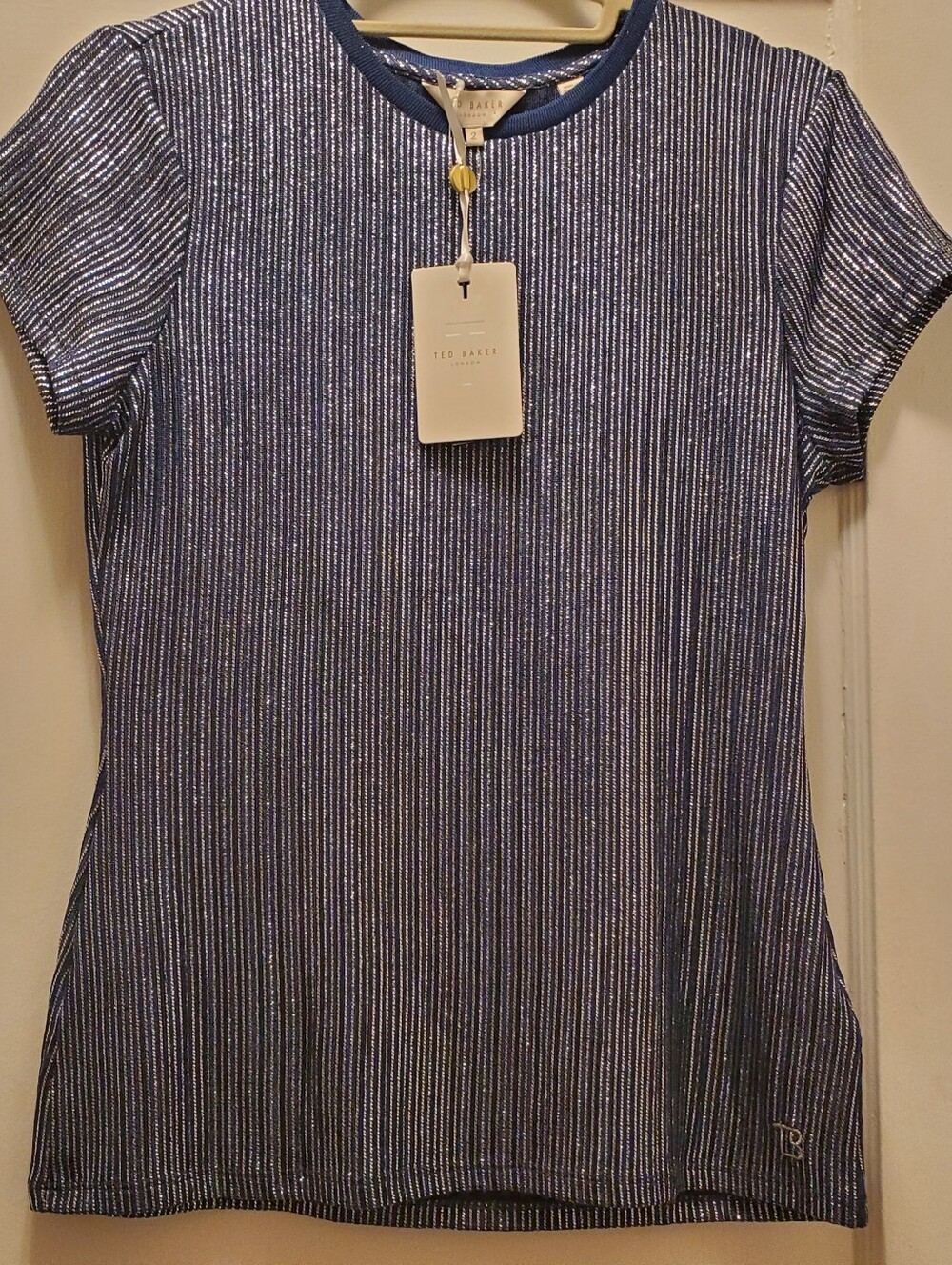 Ted Baker Navy Blue With Silver Metallic Striped Short Sleeve Tee Size 2